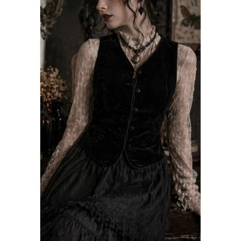 Harris Wallace Velvet Vest Sleeveless Black Button Front Sz‎ S Whimsigoth Vtg